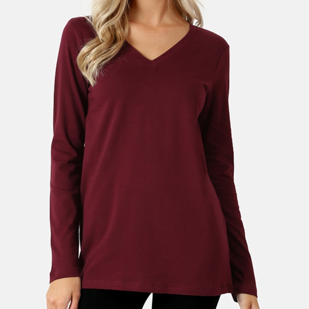 Cotton v-neck long sleeve t-shirt loose fit